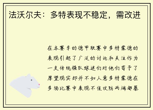 法沃尔夫：多特表现不稳定，需改进